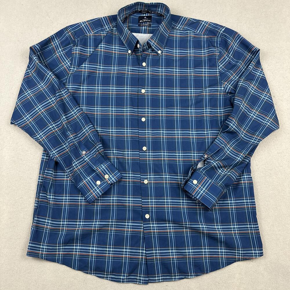 Ben Sherman Shirt Men XL Blue Plaid Long Sleeve Slim Fit Stretch Button Down